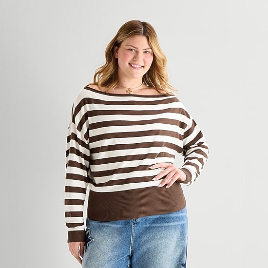Forever 21 Juniors Plus Womens Boat Neck Long Sleeve Pullover Sweater