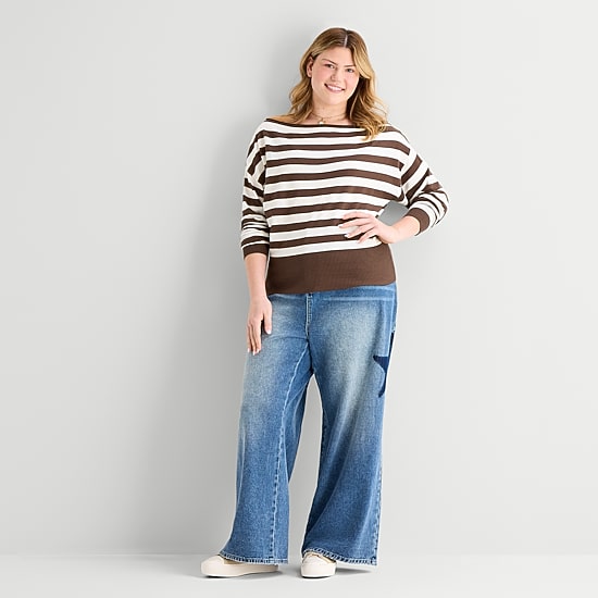 Forever 21 Juniors Plus Womens Boat Neck Long Sleeve Pullover Sweater