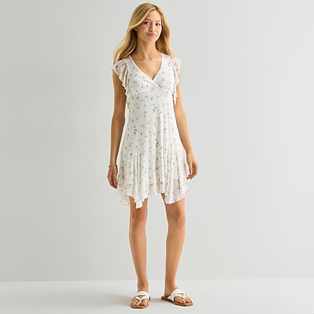 short sleeveless babydoll dress Allison Kelly Smocked V-Neck Short Sleeve Babydoll Dress, Womens, Juniors, L, White