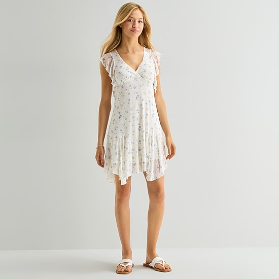 Arizona Womens Juniors V Neck Short Sleeve Babydoll Dress