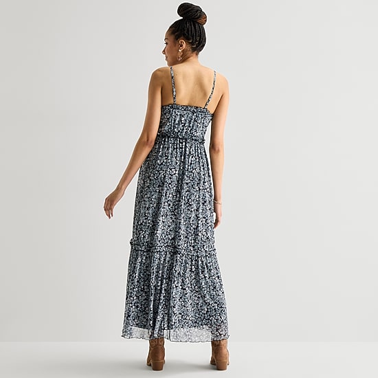 Arizona Womens Juniors V Neck Sleeveless Spaghetti Straps Maxi Dress