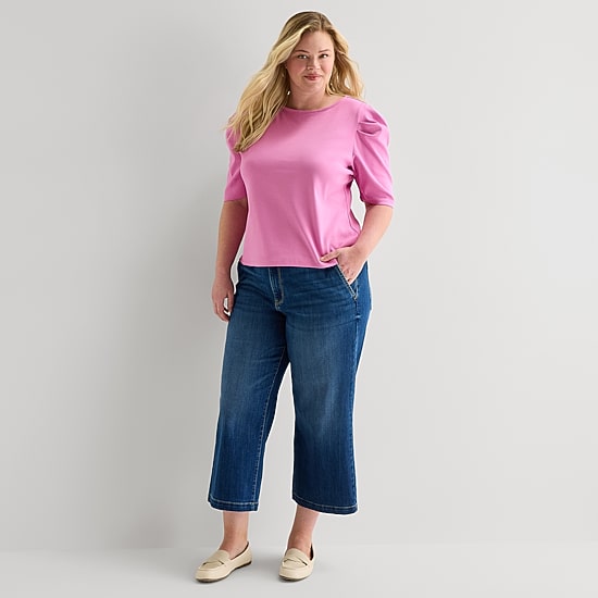 St. John's Bay Womens Plus Crew Neck 3/4 Sleeve Knit Blouse