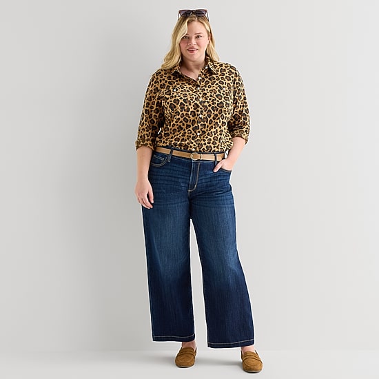 St. John's Bay Womens Plus Cuffed Long Sleeve Regular Fit Button-Down Shirt