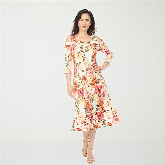 White Mark Cold Shoulder Womens Midi Square Neck 3/4 Sleeve Floral A-Line Dress