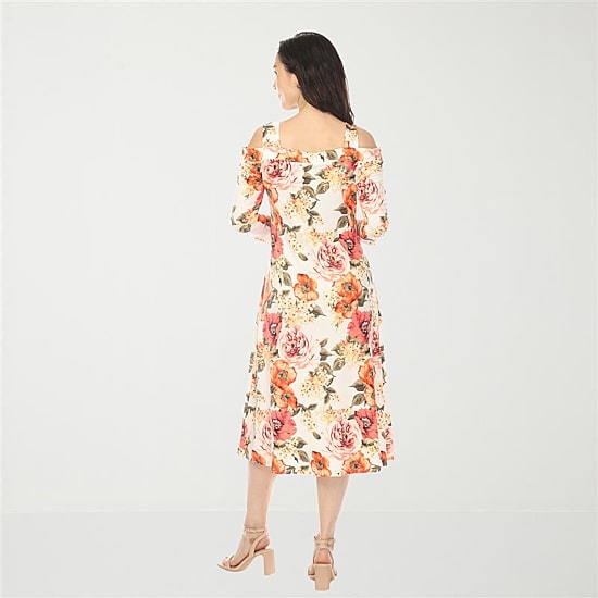 White Mark Cold Shoulder Womens Midi Square Neck 3/4 Sleeve Floral A-Line Dress
