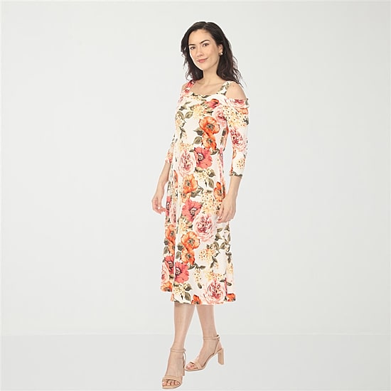 White Mark Cold Shoulder Womens Midi Square Neck 3/4 Sleeve Floral A-Line Dress