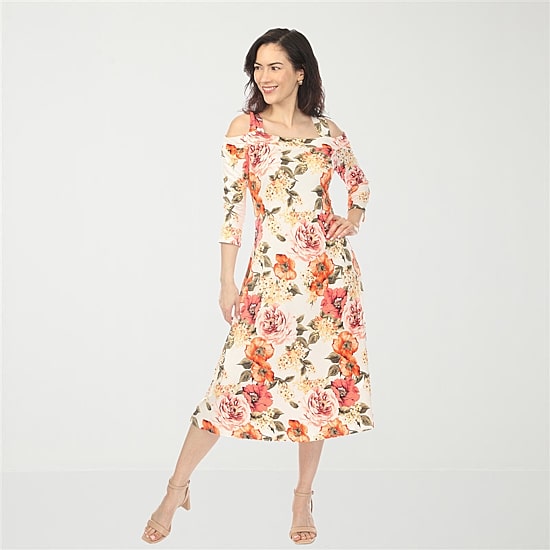 White Mark Cold Shoulder Womens Midi Square Neck 3/4 Sleeve Floral A-Line Dress
