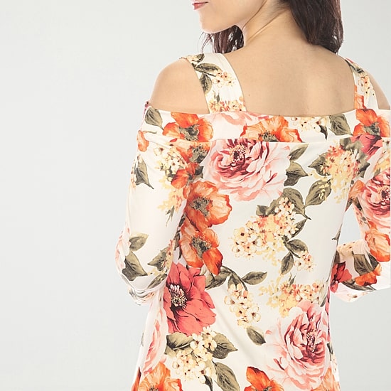 White Mark Cold Shoulder Womens Midi Square Neck 3/4 Sleeve Floral A-Line Dress
