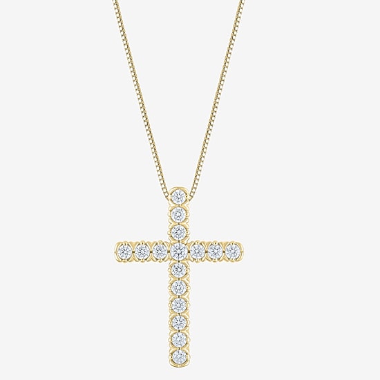 (G/Si2) Womens 1/2 CT. T.W. Lab Grown White Diamond 10K Gold Cross 18 Inch Pendant Necklace