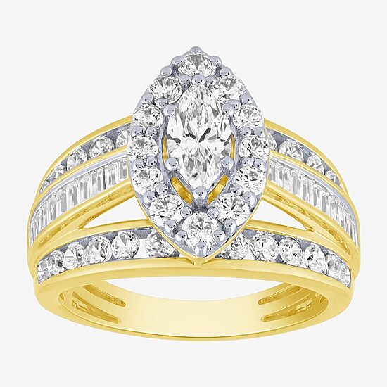 (G / Si2) Womens 2 CT. T.W. Lab Grown White Diamond 10K Gold Side Stone Halo Engagement Ring