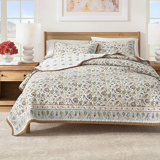Linery Bordered Boho Floral Cotton Reversible Quilt Set
