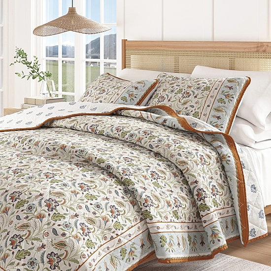 Linery Bordered Boho Floral Cotton Reversible Quilt Set
