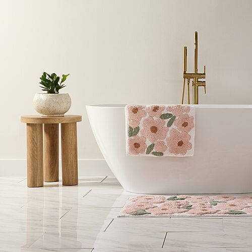 Casual Comfort Blossoms Pattern Cotton Bath Rug, One Size, Pink