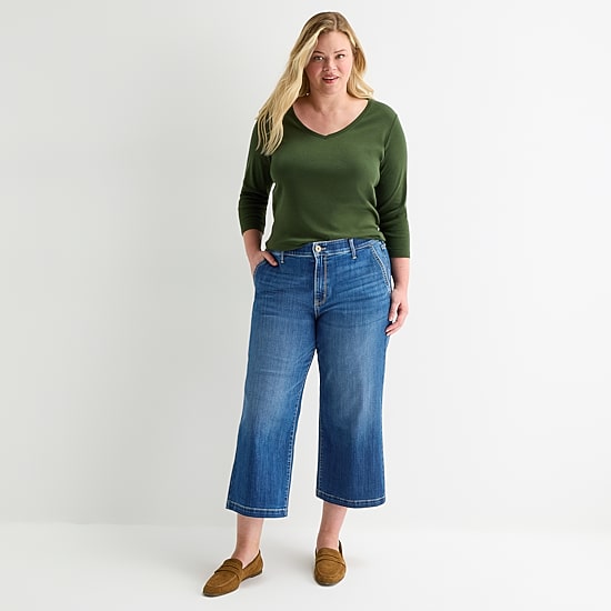 St. John's Bay Womens Plus High Rise Cropped Wide Leg Jean