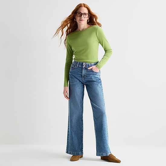 St. John's Bay Womens High Rise Stretch Fabric Wide Leg Jean