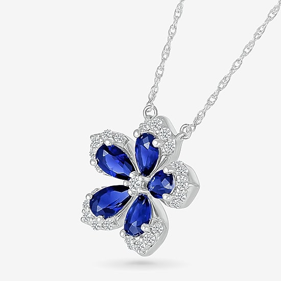 Womens Lab Created Blue Sapphire & 1/5 CT. T.W. Genuine Diamond Sterling Silver Flower Pendant Necklace