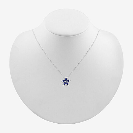 Womens Lab Created Blue Sapphire & 1/5 CT. T.W. Genuine Diamond Sterling Silver Flower Pendant Necklace