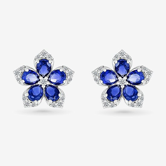 Womens Lab Created Blue Sapphire & 1/5 CT. T.W. Genuine Diamond Sterling Silver 12.3mm Flower Stud Earrings