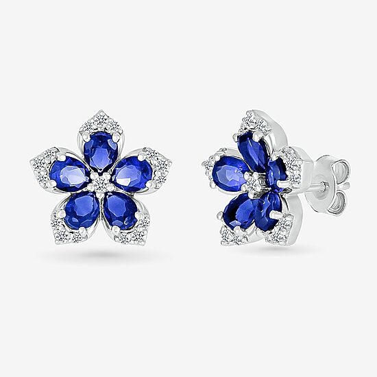 Womens Lab Created Blue Sapphire & 1/5 CT. T.W. Genuine Diamond Sterling Silver 12.3mm Flower Stud Earrings