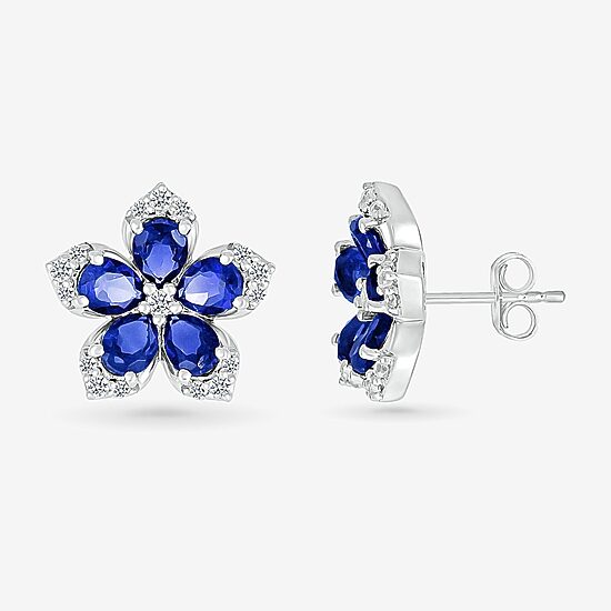 Womens Lab Created Blue Sapphire & 1/5 CT. T.W. Genuine Diamond Sterling Silver 12.3mm Flower Stud Earrings