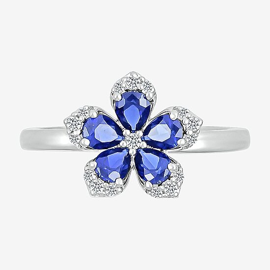 Womens Diamond Accent Lab Created Blue Sapphire Sterling Silver Flower Cocktail Ring
