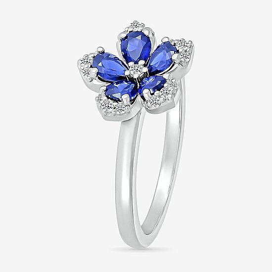 Womens Diamond Accent Lab Created Blue Sapphire Sterling Silver Flower Cocktail Ring