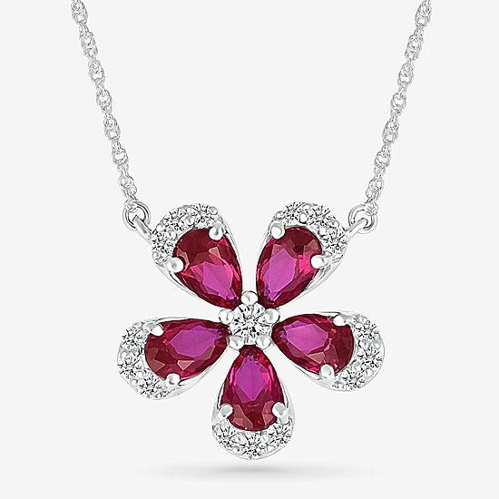 Womens Lab Created Red Ruby Sterling Silver Flower 18 Inch Pendant Necklace