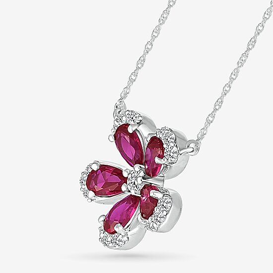 Womens Lab Created Red Ruby Sterling Silver Flower 18 Inch Pendant Necklace