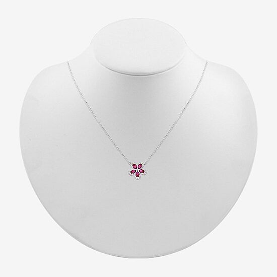 Womens Lab Created Red Ruby Sterling Silver Flower 18 Inch Pendant Necklace
