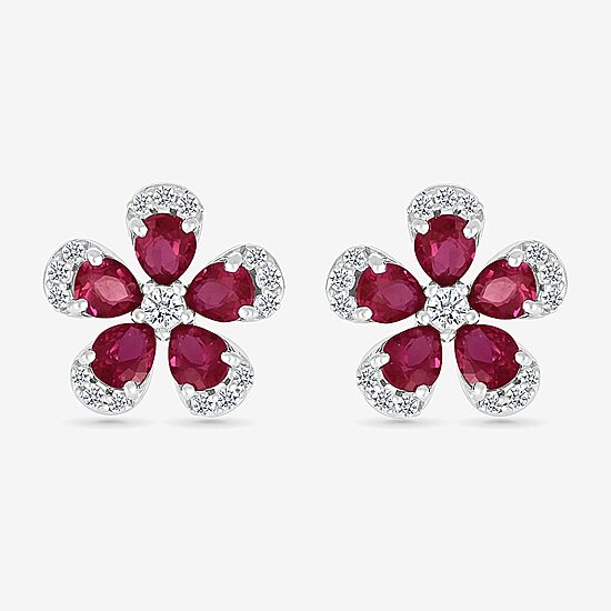 Lab Created Red Ruby Sterling Silver 12.5mm Flower Stud Earrings