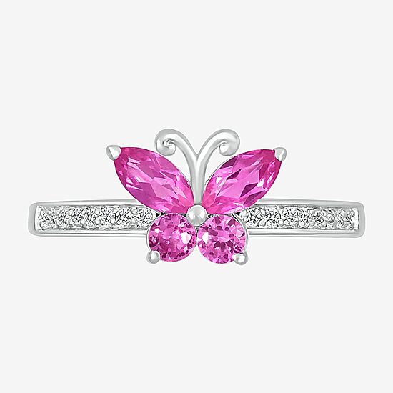 Womens Lab Created Pink Sapphire Sterling Silver Butterfly Cocktail Ring
