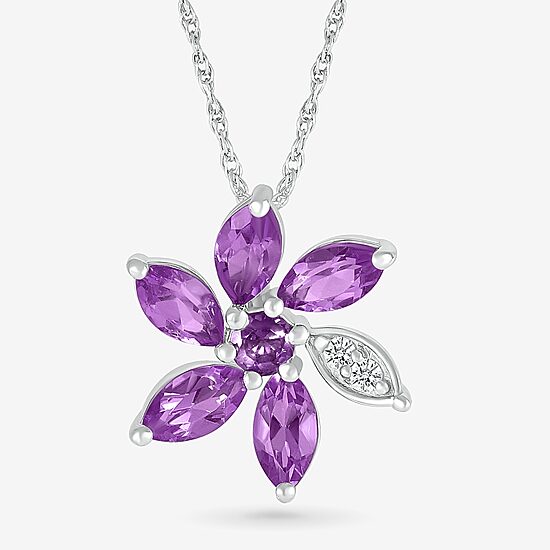 Womens Genuine Purple Amethyst Sterling Silver Flower 18 Inch Pendant Necklace