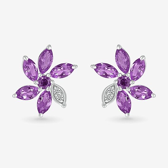 Genuine Purple Amethyst Sterling Silver 11.5mm Flower Stud Earrings