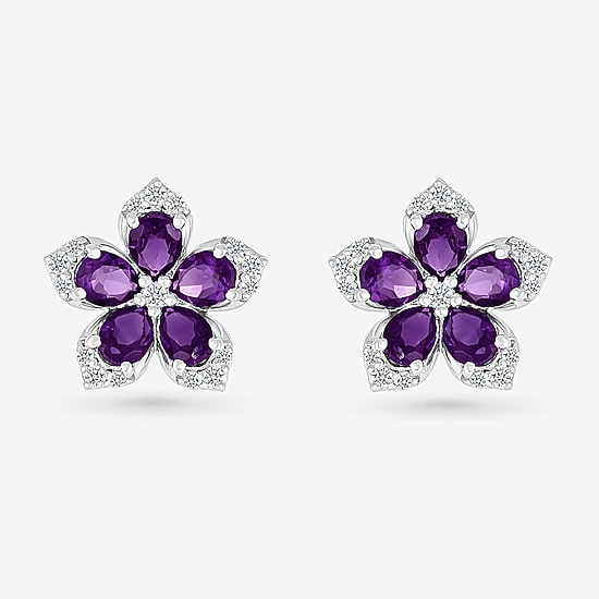 Genuine Purple Amethyst Sterling Silver 12.3mm Flower Stud Earrings