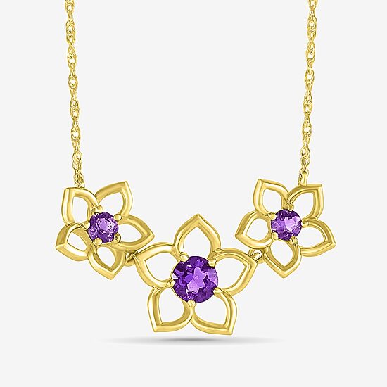 Womens Genuine Purple Amethyst 10K Gold Flower 18 Inch Pendant Necklace
