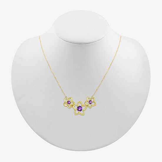 Womens Genuine Purple Amethyst 10K Gold Flower 18 Inch Pendant Necklace