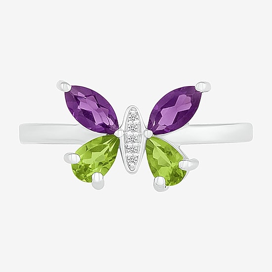 Womens Diamond Accent Genuine Purple Amethyst Sterling Silver Butterfly Cocktail Ring