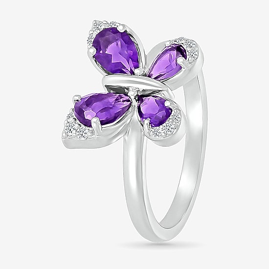 Womens Genuine Purple Amethyst Sterling Silver Butterfly Cocktail Ring