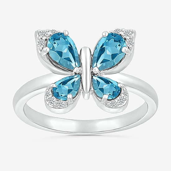 Womens Genuine Blue Topaz Sterling Silver Butterfly Cocktail Ring