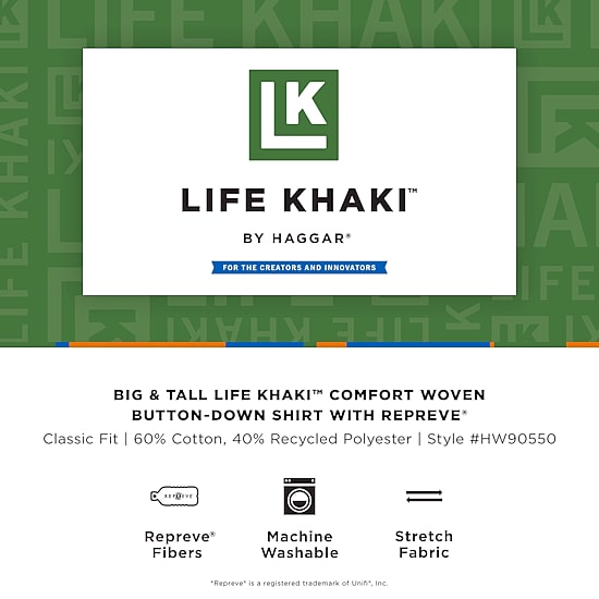 Haggar Life Khaki With Repreve Comfort Woven Mens Short Sleeve Regular Fit Stretch Fabric Big and Tall Button-Down Shirt