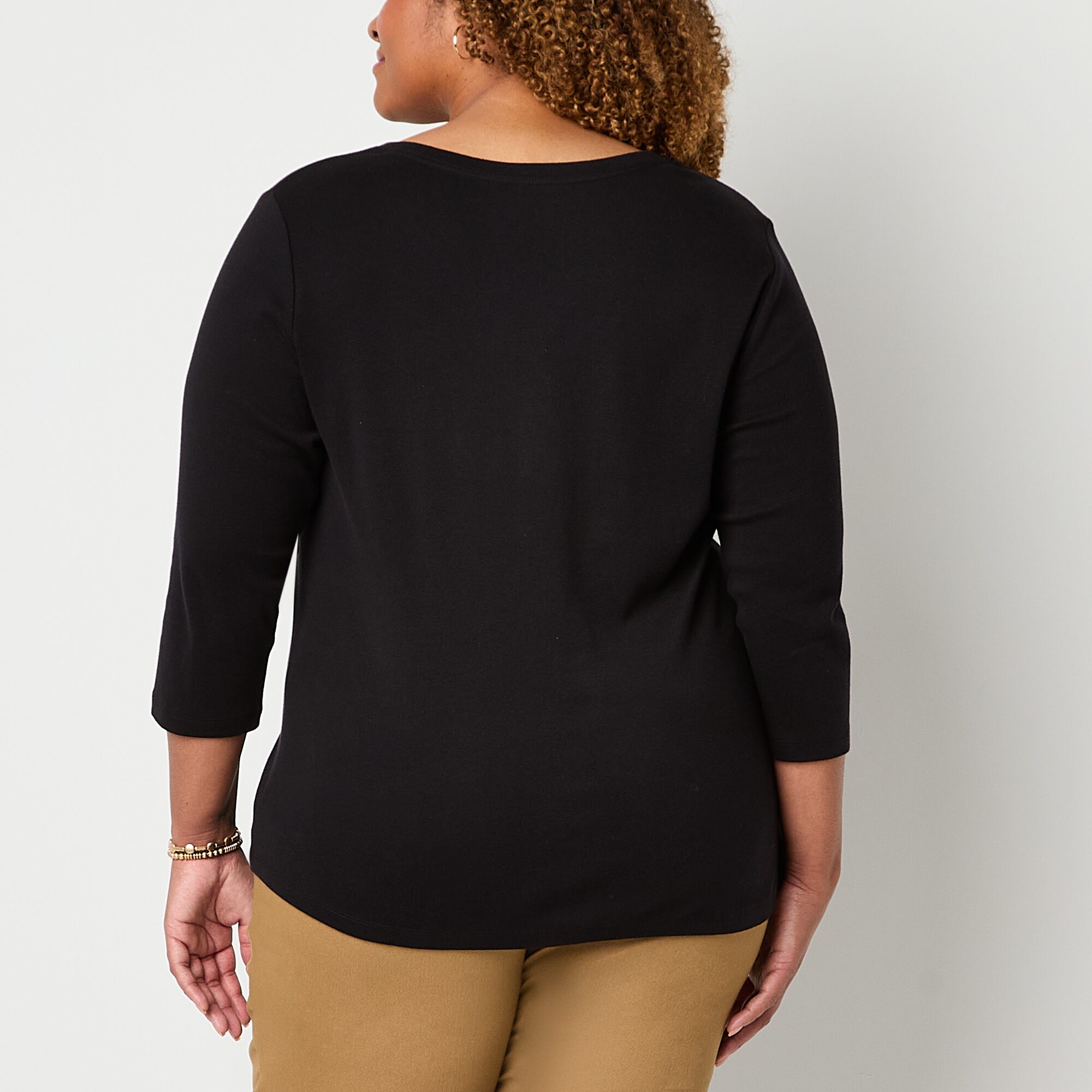 St. John's Bay Womens Plus V Neck 3/4 Sleeve T-Shirt