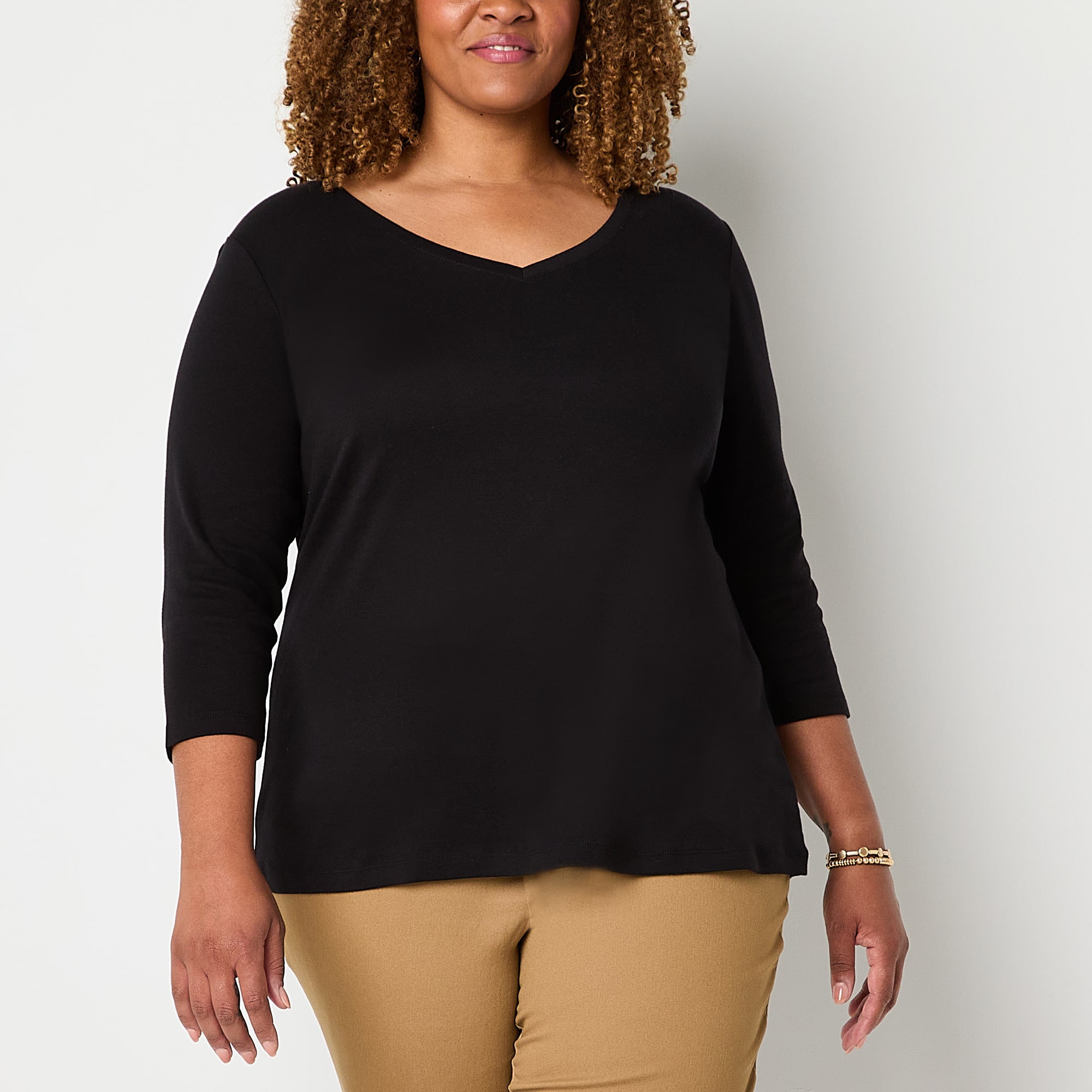 St. John's Bay Womens Plus V Neck 3/4 Sleeve T-Shirt