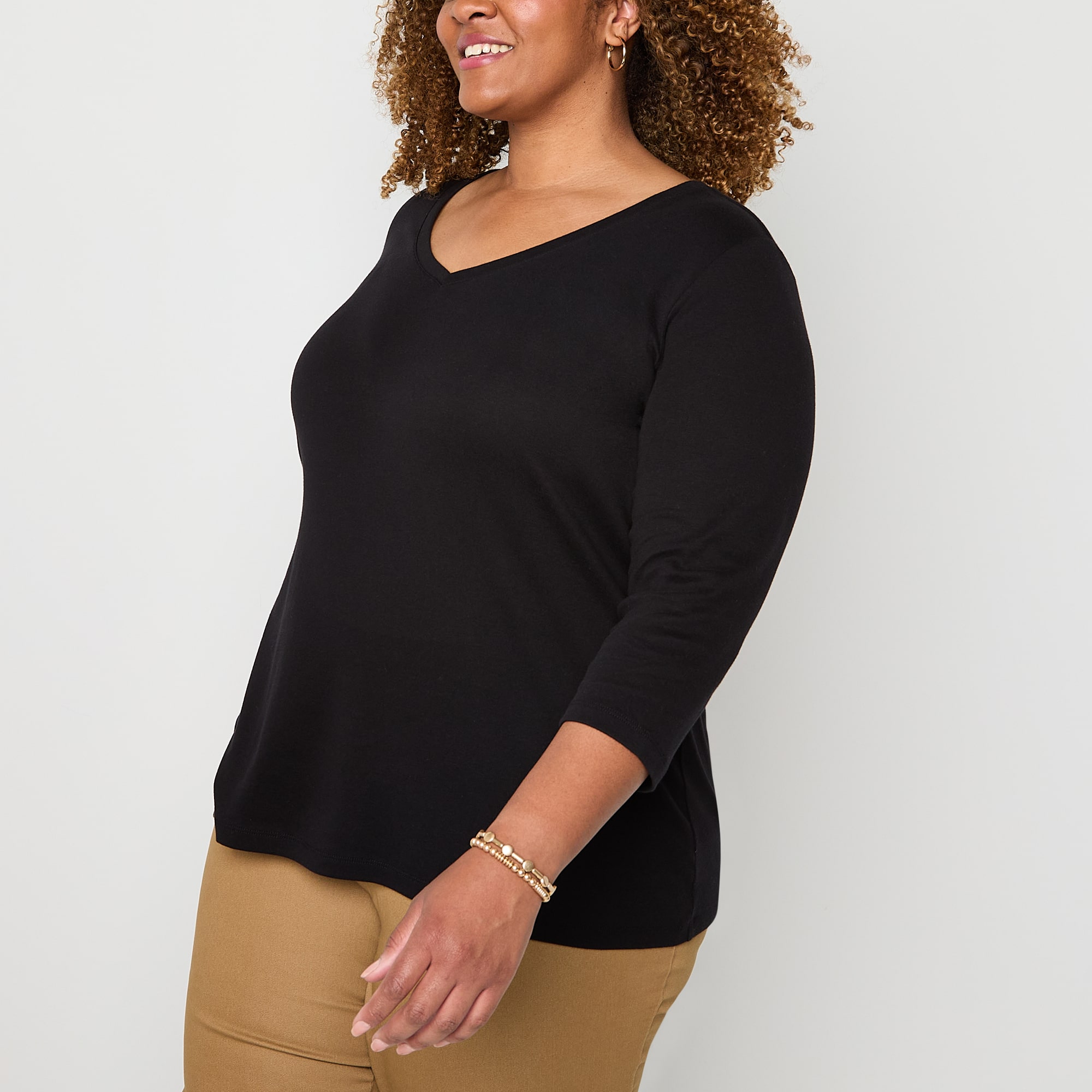 St. John's Bay Womens Plus V Neck 3/4 Sleeve T-Shirt