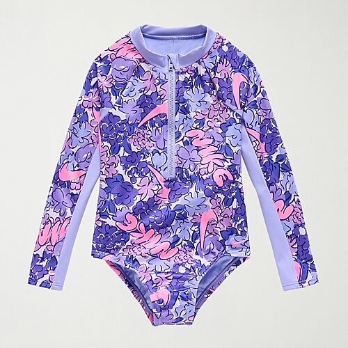 Nike Little Girls Floral Long Sleeve One Piece Swimsuit, S (4), Purple