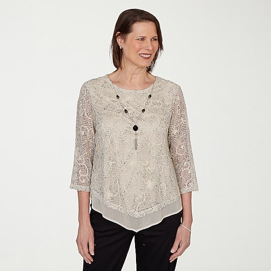 Alfred Dunner Detail Driven Womens Crew Neck 3/4 Sleeve T-Shirt