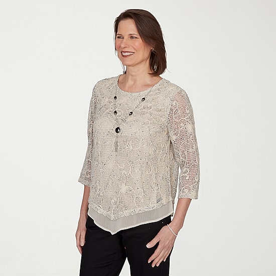 Alfred Dunner Detail Driven Womens Crew Neck 3/4 Sleeve T-Shirt