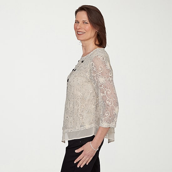 Alfred Dunner Detail Driven Womens Crew Neck 3/4 Sleeve T-Shirt