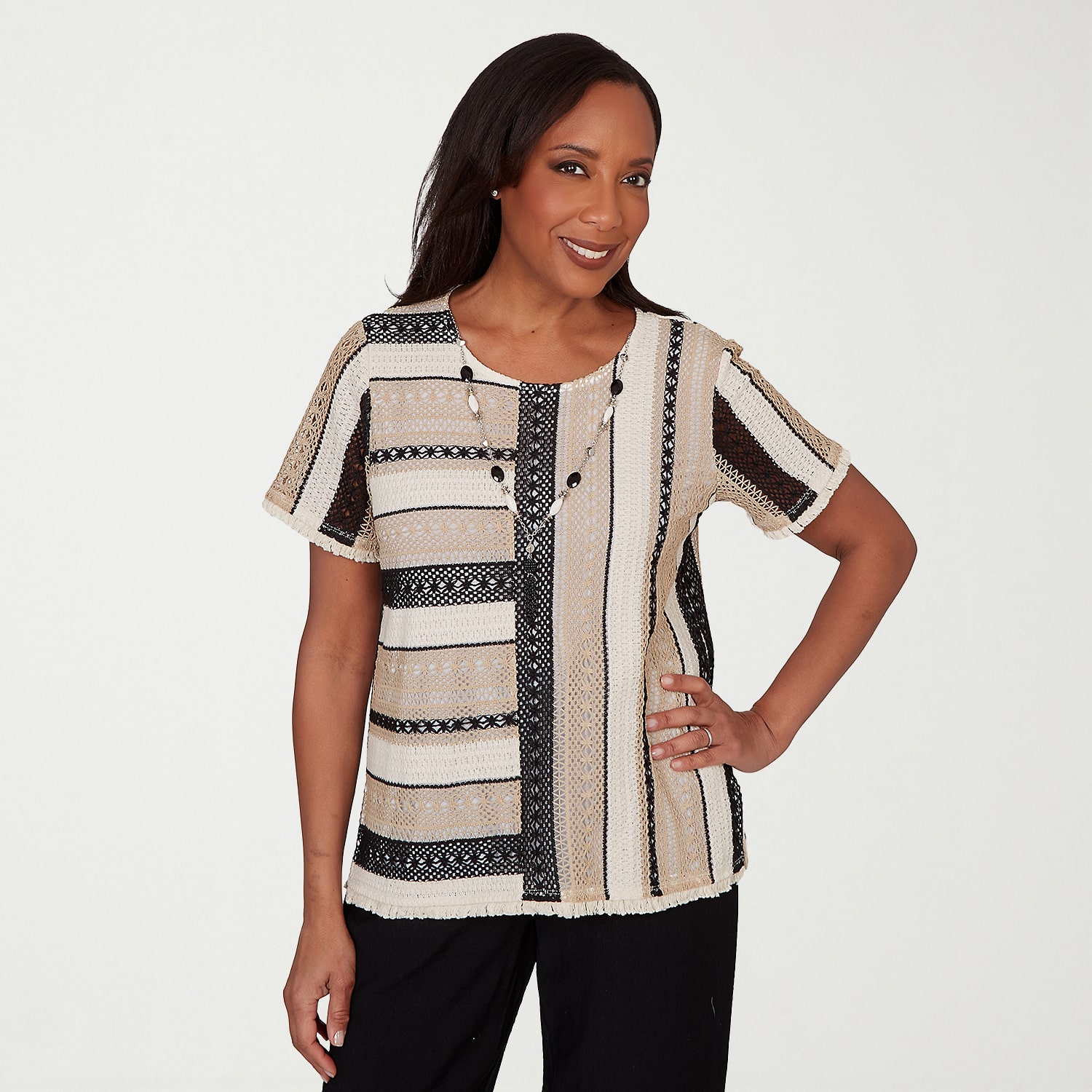 Alfred Dunner Detail Driven Womens Crew Neck 3/4 Sleeve T-Shirt