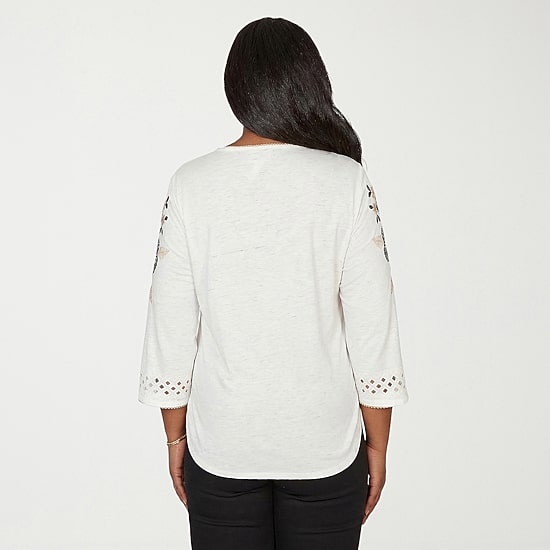 Alfred Dunner Detail Driven Womens Crew Neck 3/4 Sleeve T-Shirt