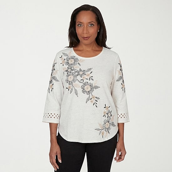 Alfred Dunner Detail Driven Womens Crew Neck 3/4 Sleeve T-Shirt